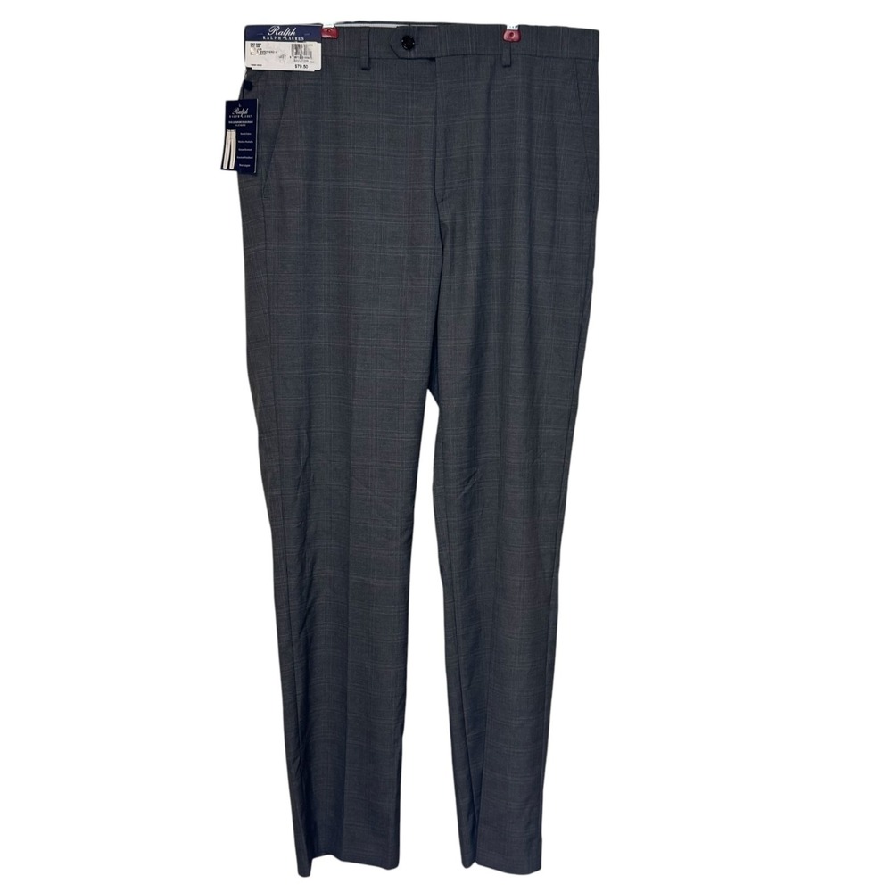 Ralph Lauren Dress Pants Windowpane Check Comfort Flex Flat Front Grey 32X32 NWT